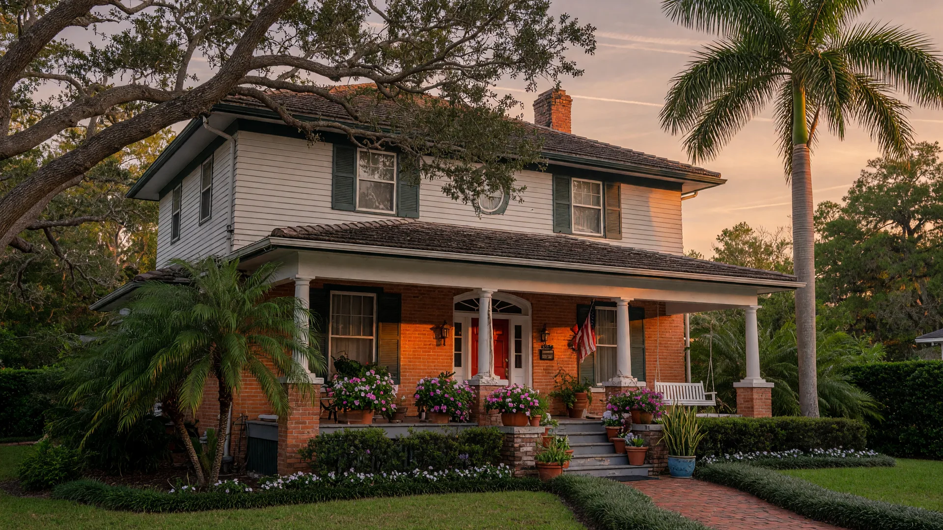 A stately, well-kept traditional Florida family home at golden hour, the kind of home a family may need to sell through probate