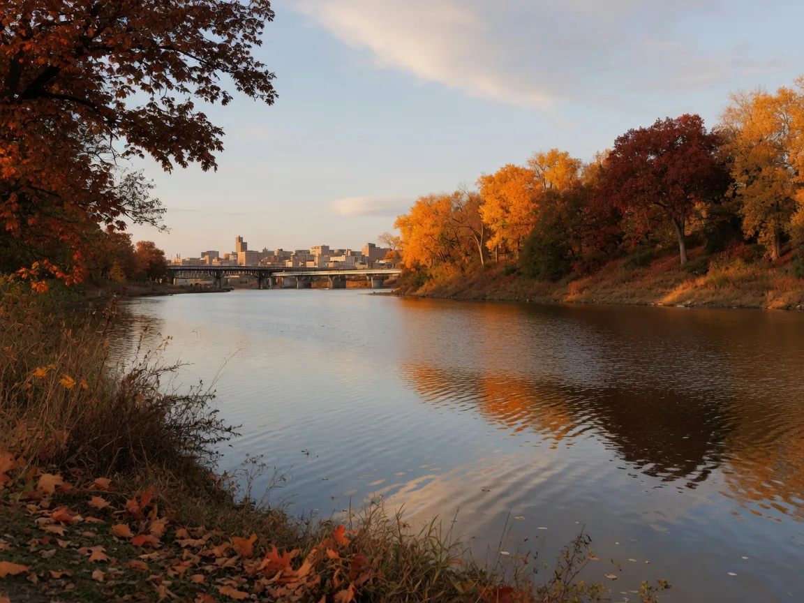 Late October color along the Illinois River through Peoria, with amber leaves on the far bank and warm afternoon light across the water