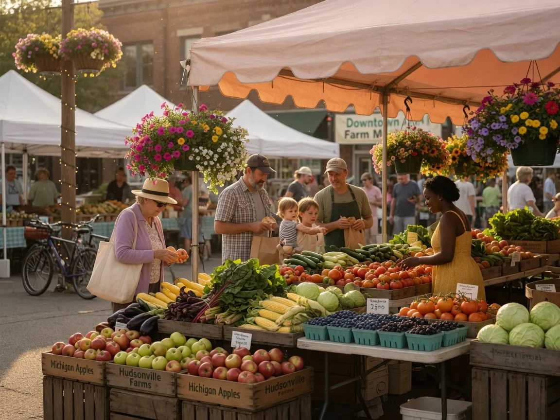 A Michigan farmers market on a late summer afternoon with colorful produce displays and community shoppers under white tents