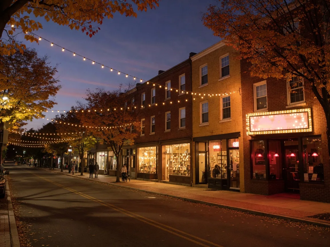 Evening street scene in the Clarendon neighborhood of Arlington, Virginia in mid-October, brick storefronts and string lights along a lively urban village main street, a music venue marquee glowing, and orange autumn trees lining the sidewalks
