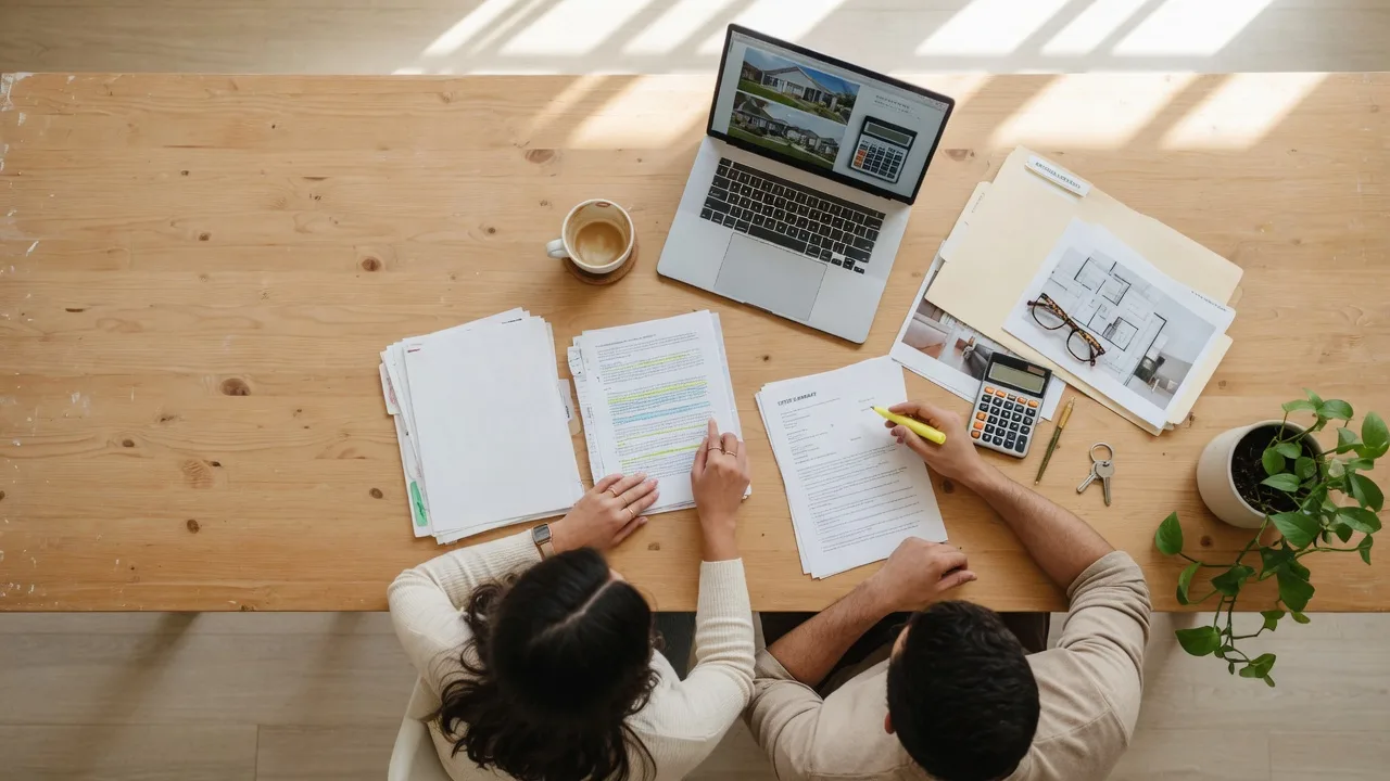 Home buyer reviewing documents at a kitchen table with a laptop