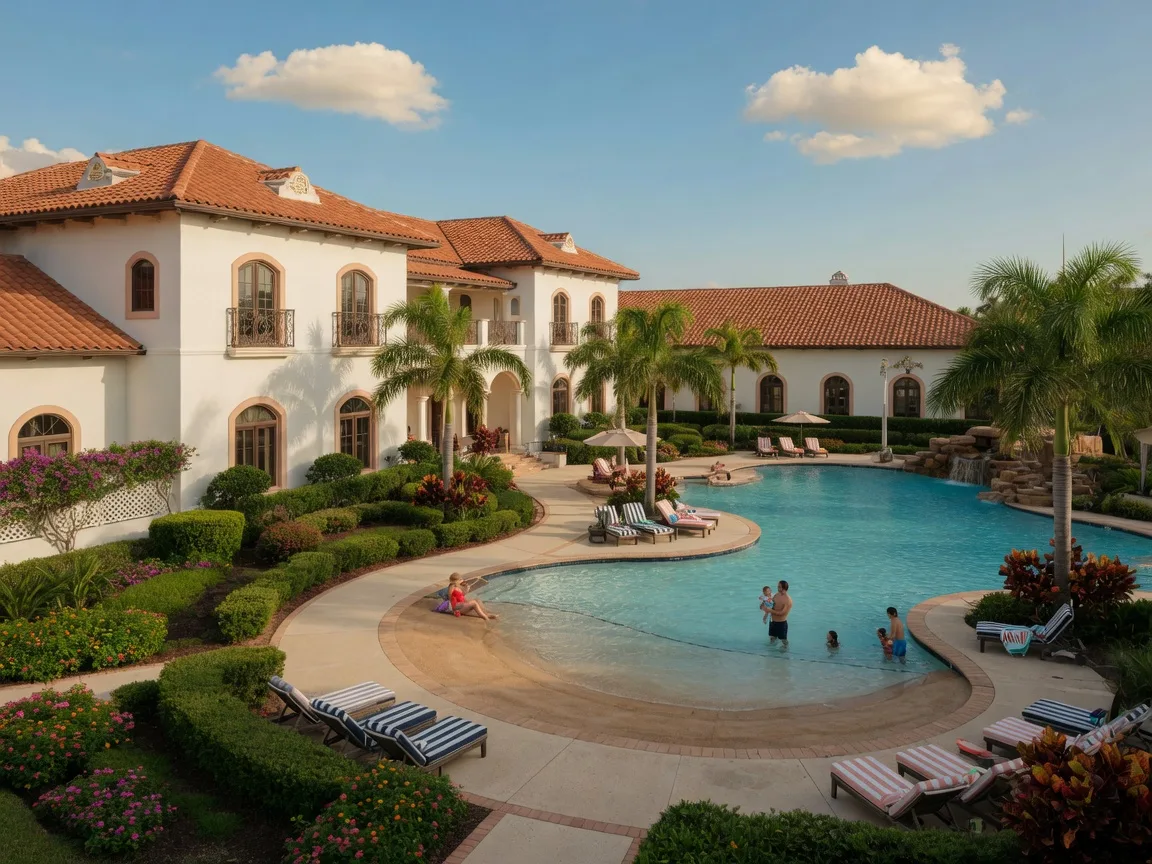 A Mediterranean-style clubhouse with a tile roof beside a large resort-style swimming pool with loungers and palm trees