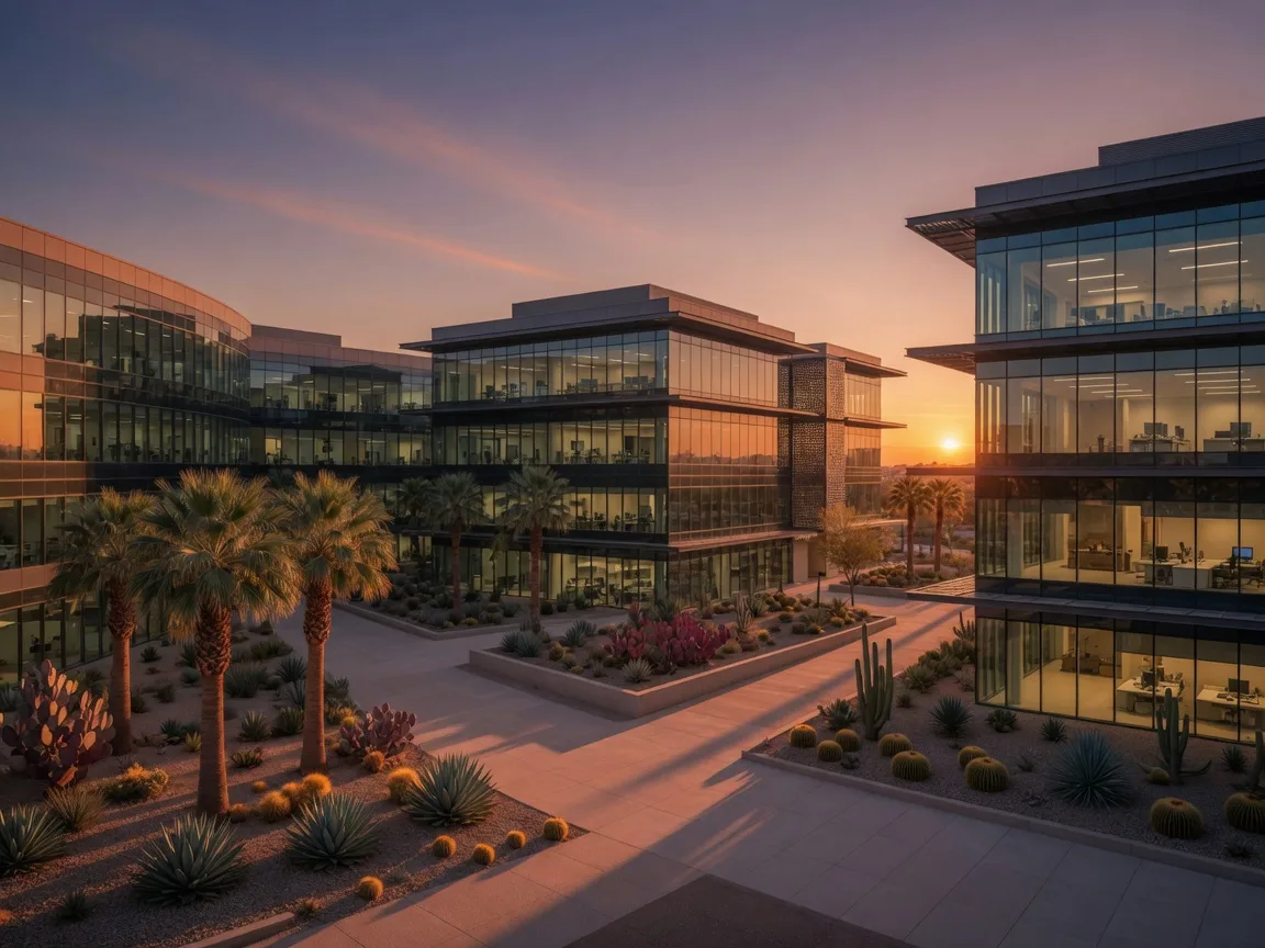 Glass and steel tech campus in Chandler at dusk with desert landscaping and an indigo sky
