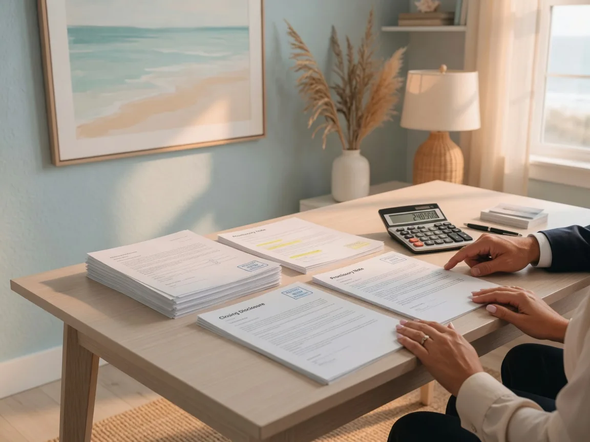 Loan documents and calculator on a desk during a homebuyer meeting