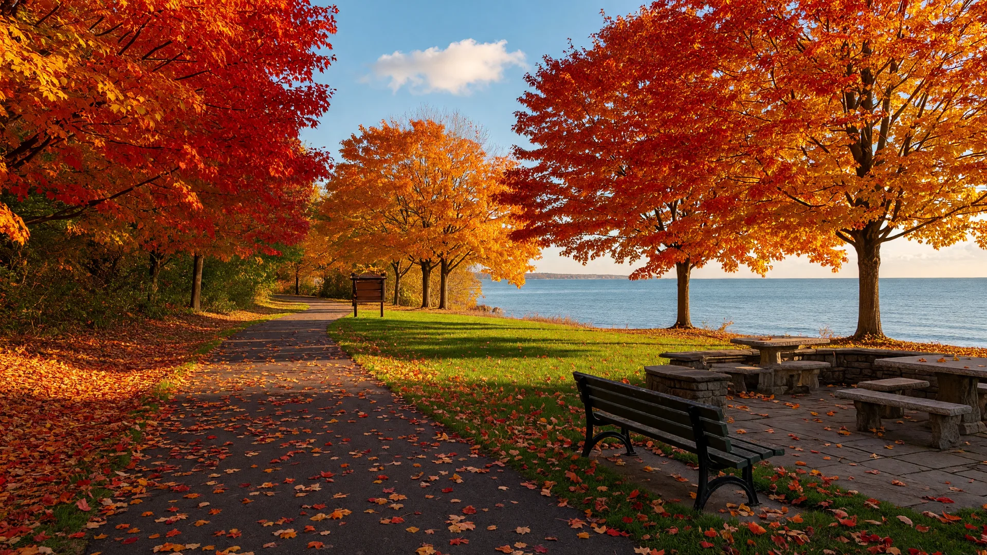 Peak autumn color along the Lake Erie shoreline near Westlake and Bay Village, Ohio in mid-October, with sugar maples in orange, red, and gold framing a leaf-strewn park path and a glimpse of the lake in warm morning light