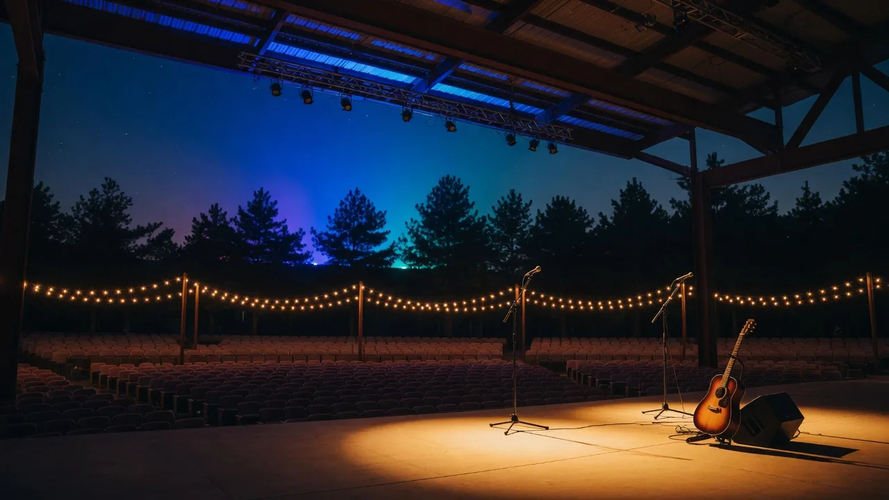 An outdoor amphitheater stage at a casino resort at night with cool blue backlight and warm amber front lights, microphone stands and an acoustic guitar on the stage, string lights over the pavilion, pines on the ridgeline behind