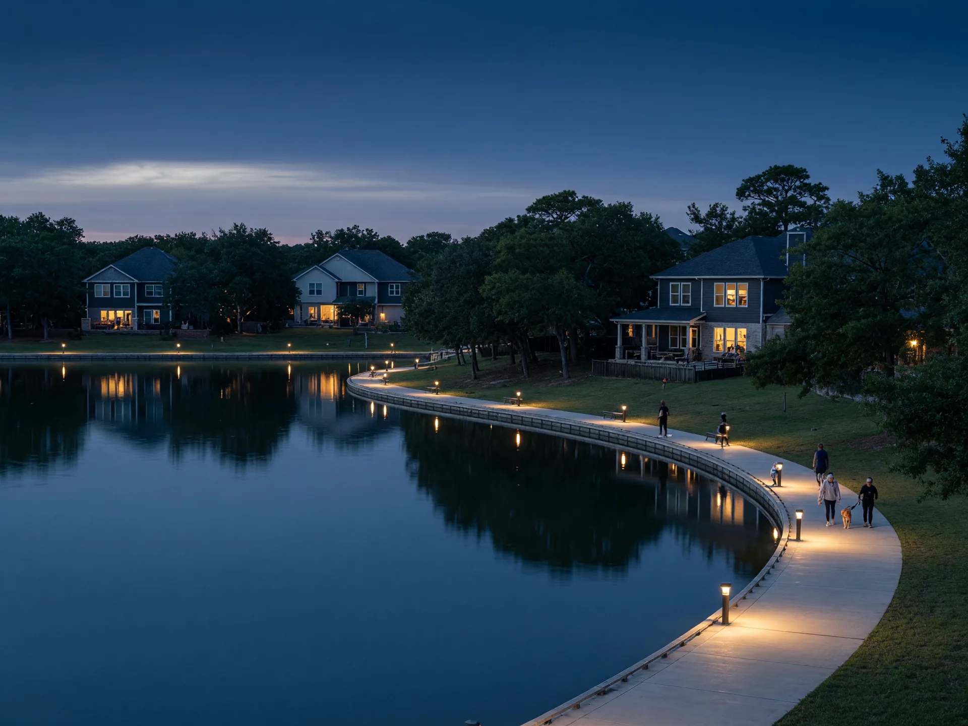 Curved boardwalk and lakefront homes at dusk in the Bridgeland community of Cypress TX