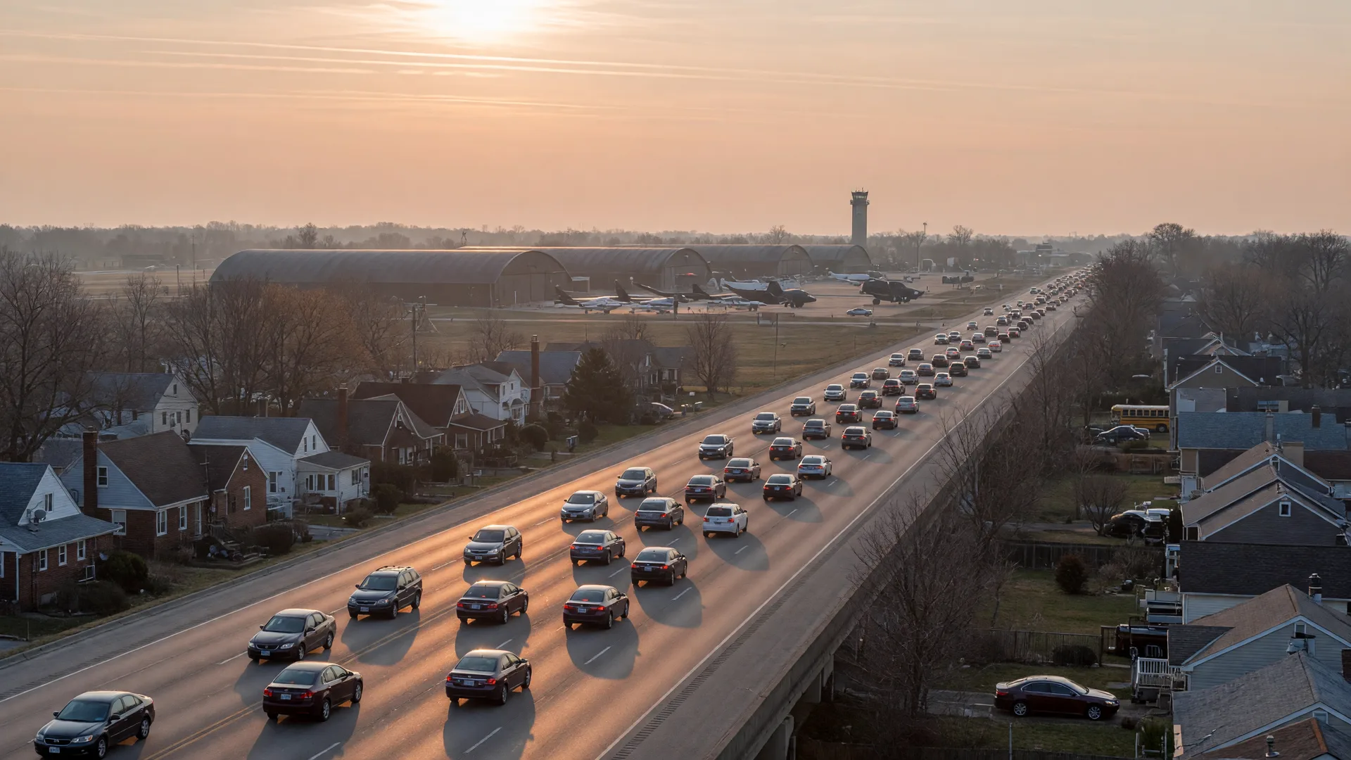 A sunrise commute on a suburban four-lane highway near Dayton, Ohio with eastbound traffic heading toward the Wright-Patterson AFB area, aircraft hangars and a control tower silhouetted in the hazy distance