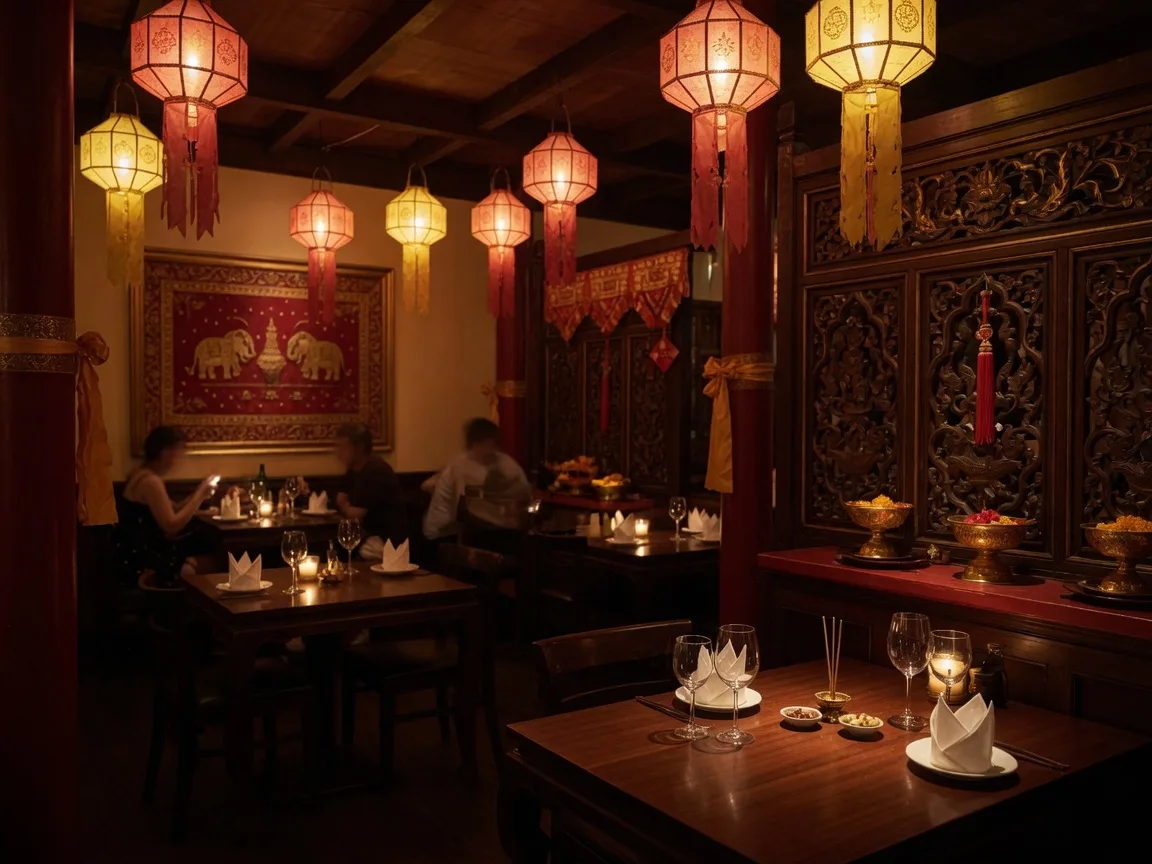 Warm candlelit interior of Tani Thai Restaurant in downtown Buford Georgia with dark wood tables, hanging lanterns, and deep red and gold Thai decor accents