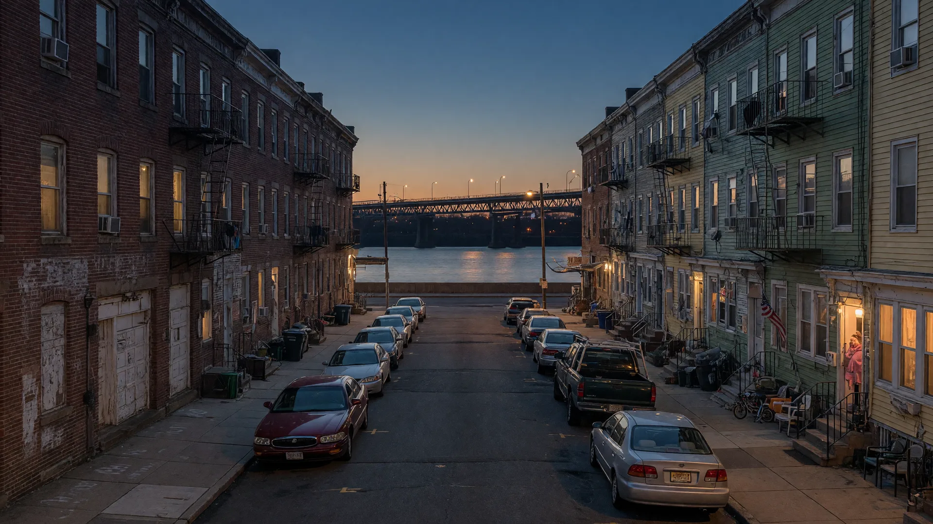 Dense riverside city street in Passaic, New Jersey with brick buildings and multi-family homes near the Passaic River at dusk