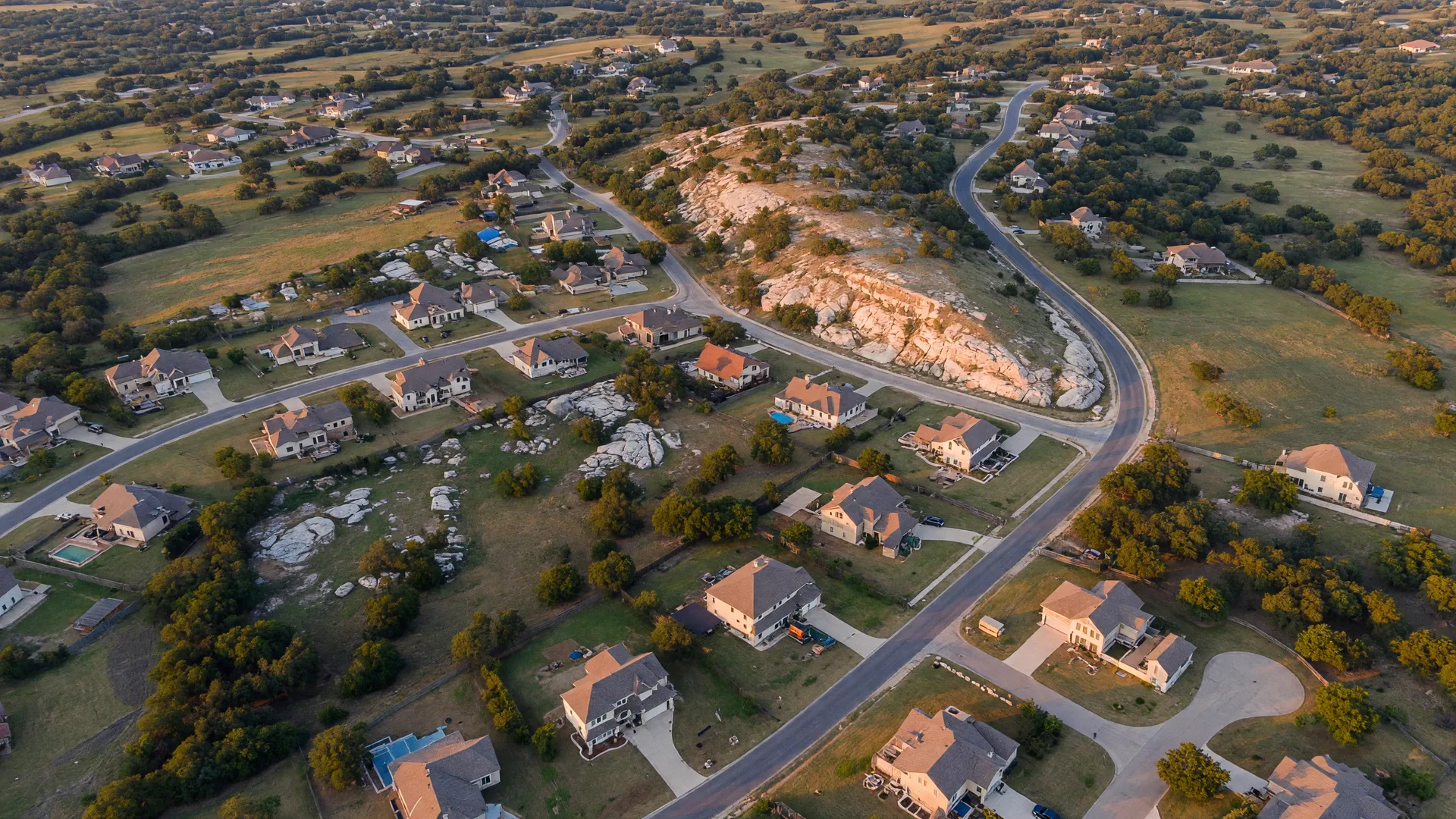 Aerial view of Hill Country residential land near Bulverde at golden hour