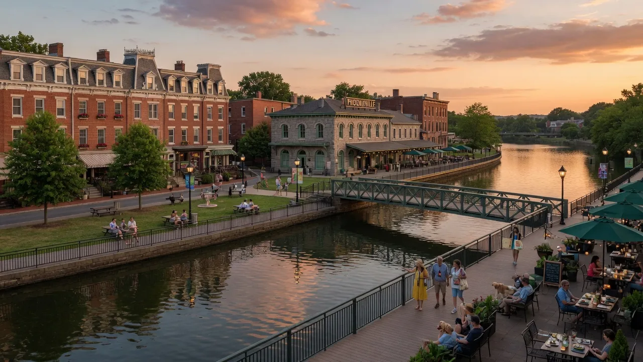 Victorian rowhomes and a riverfront park along the Schuylkill River in Phoenixville, Pennsylvania in summer evening light