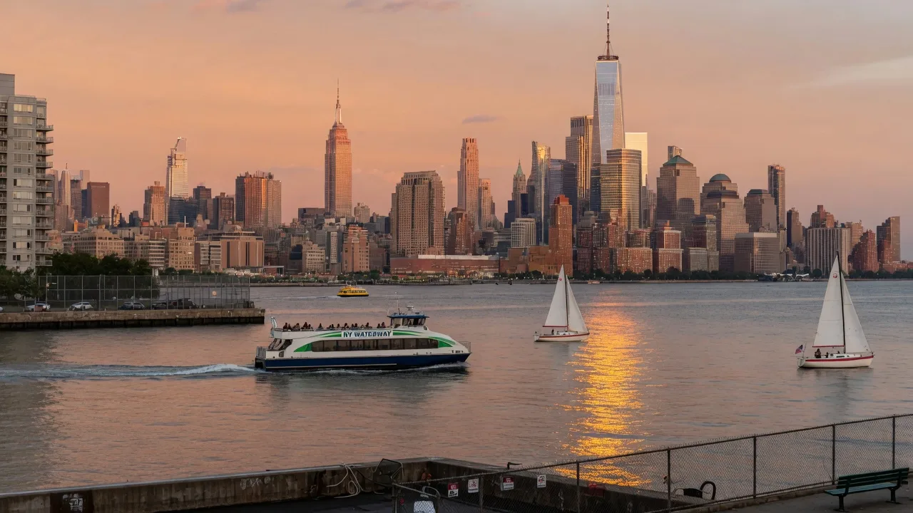 New York City skyline viewed from the Weehawken waterfront at golden hour with the Hudson River in the foreground