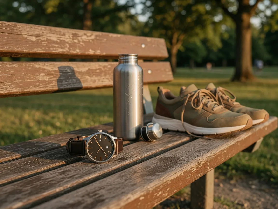 A wristwatch, water bottle, and running shoes on a wooden bench in golden light