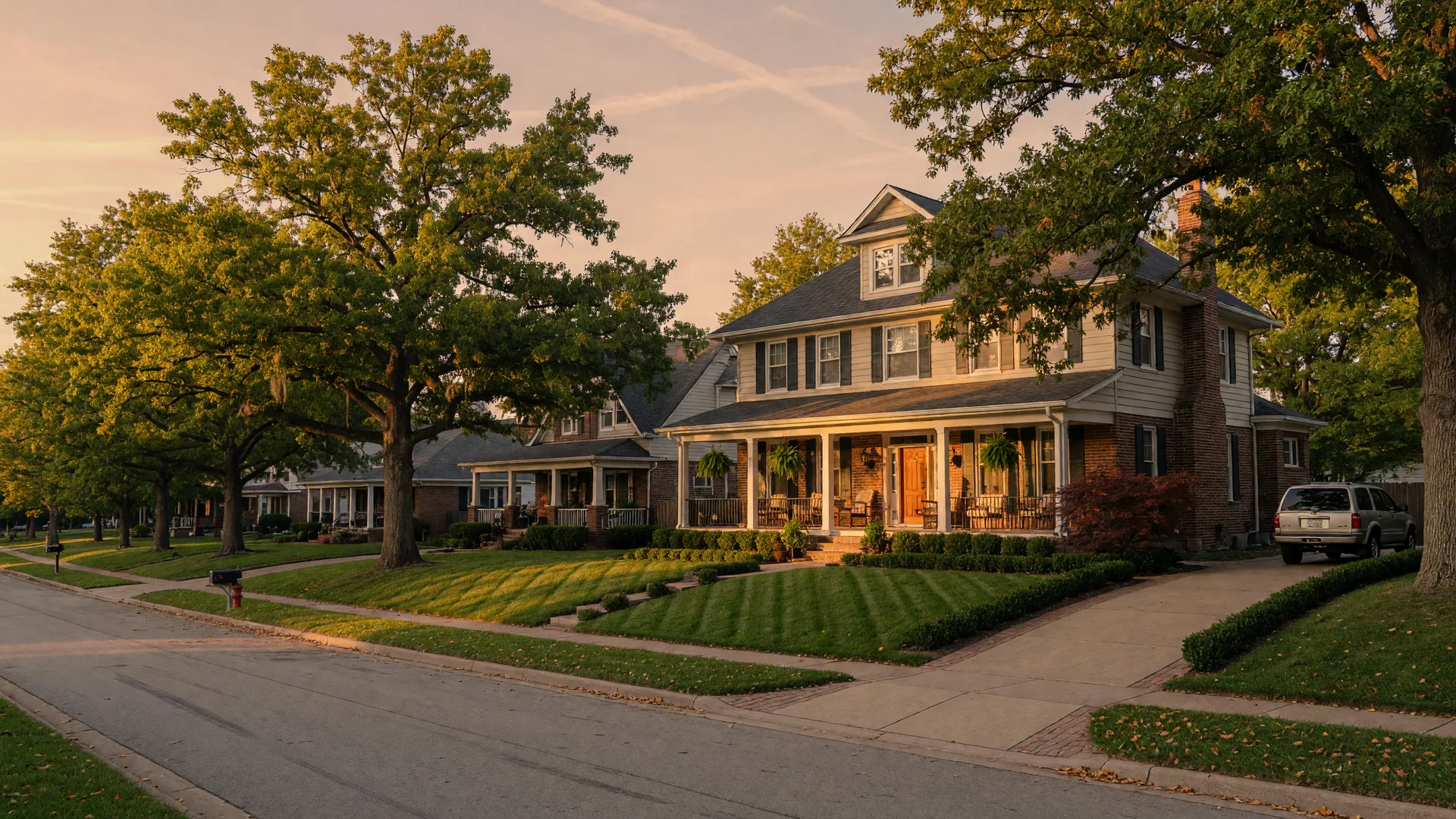 Beautiful South Kansas City home with welcoming curb appeal, mature trees, and warm golden-hour sunlight