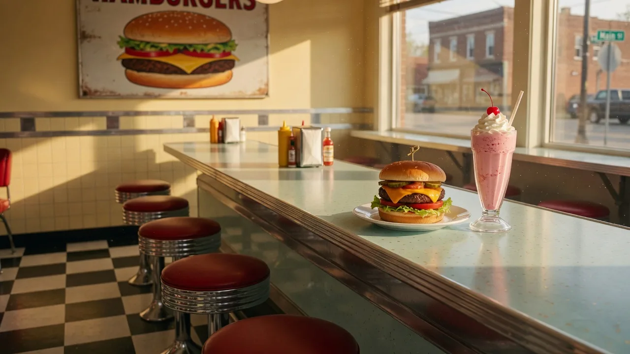A classic American diner counter with red vinyl stools, chrome-and-formica countertop, and checkerboard floor in a small Ohio town with warm afternoon light streaming through large windows