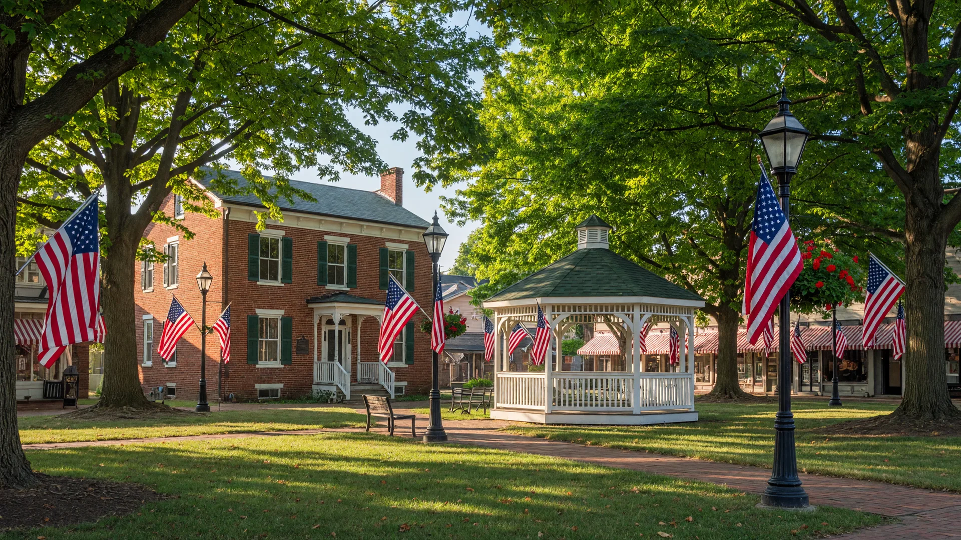 Historic town square in Milan, Ohio with the Thomas Edison Birthplace Museum, white gazebo, and American flags on a sunny afternoon