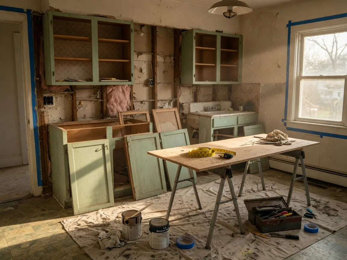 A post-war Cinnaminson kitchen mid-renovation with cabinets removed and exposed framing