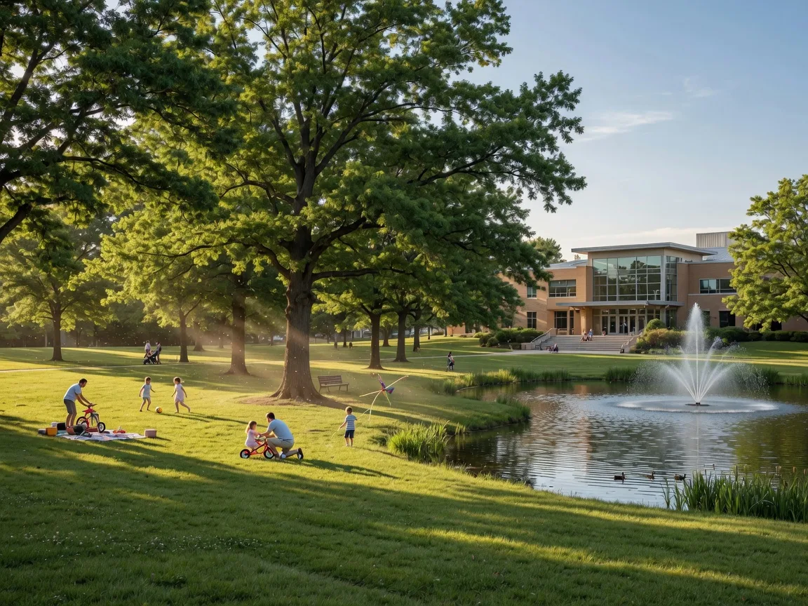 Shaw Park in Clayton, Missouri featuring wide green lawns, a pond with fountain, mature oak trees, and families enjoying a summer afternoon