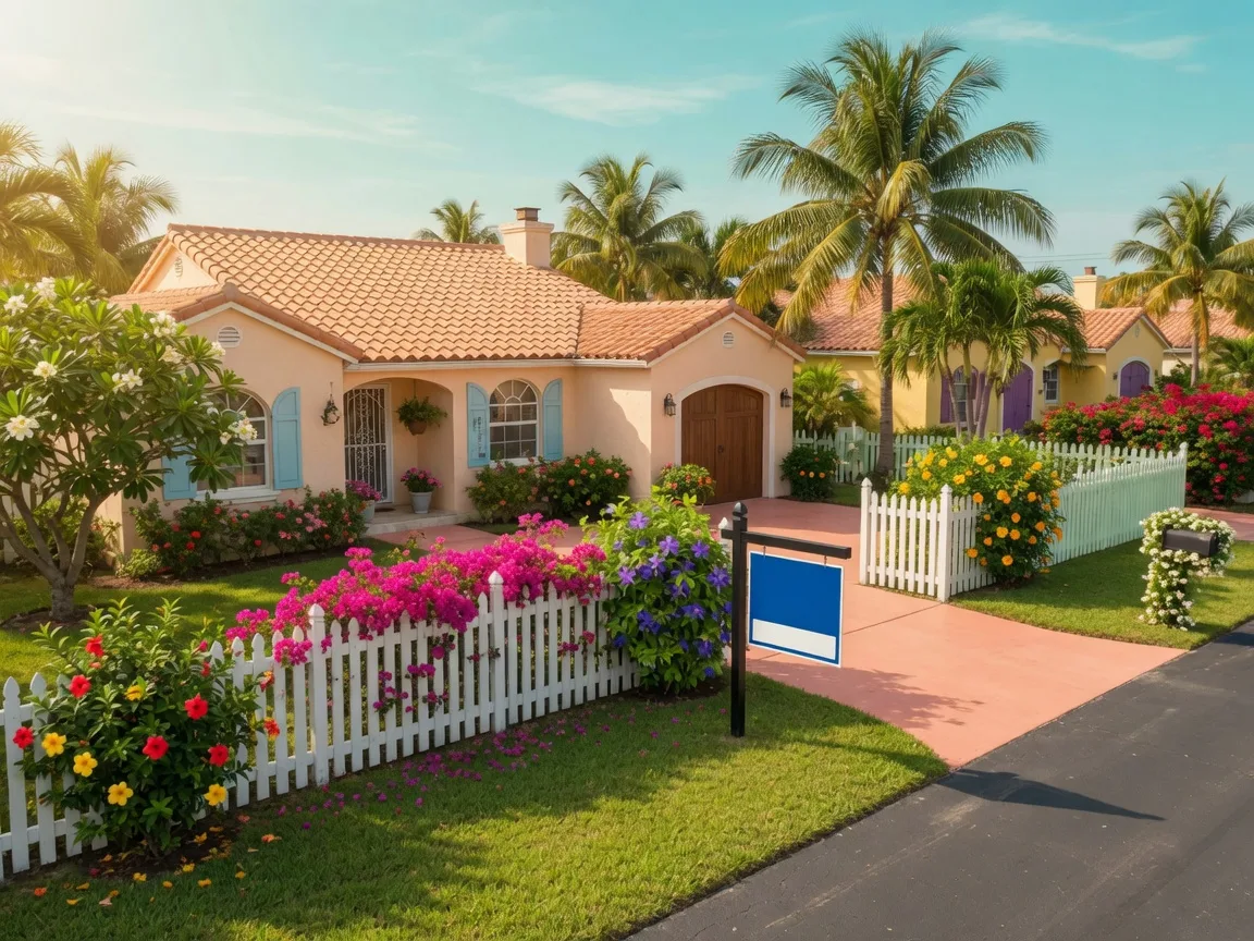Coastal South Florida neighborhood with For Sale sign in spring representing the peak season to sell a home