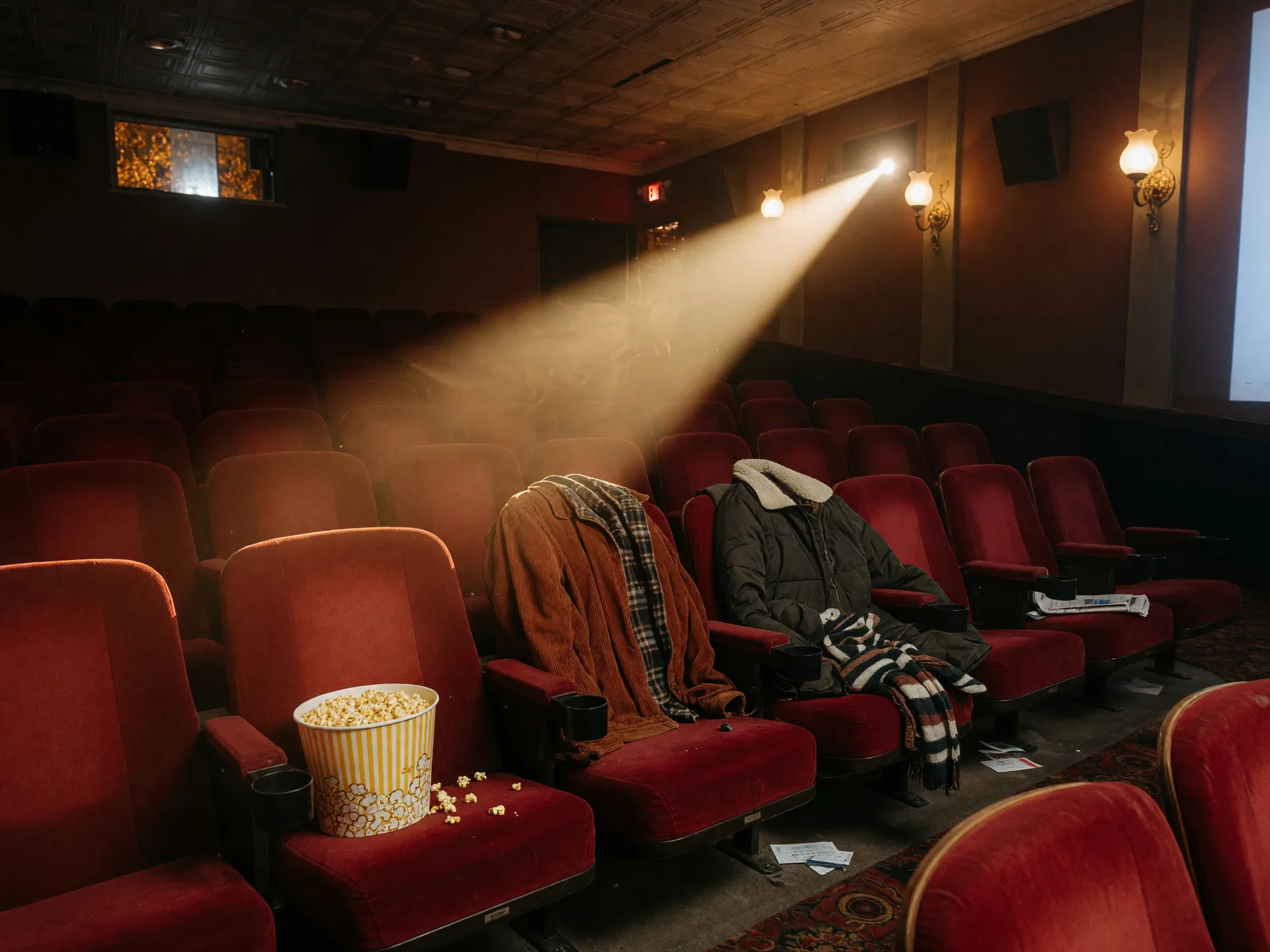 Plush red theater seats with a warm projector beam of light cutting through a dark auditorium and autumn jackets draped over a seat