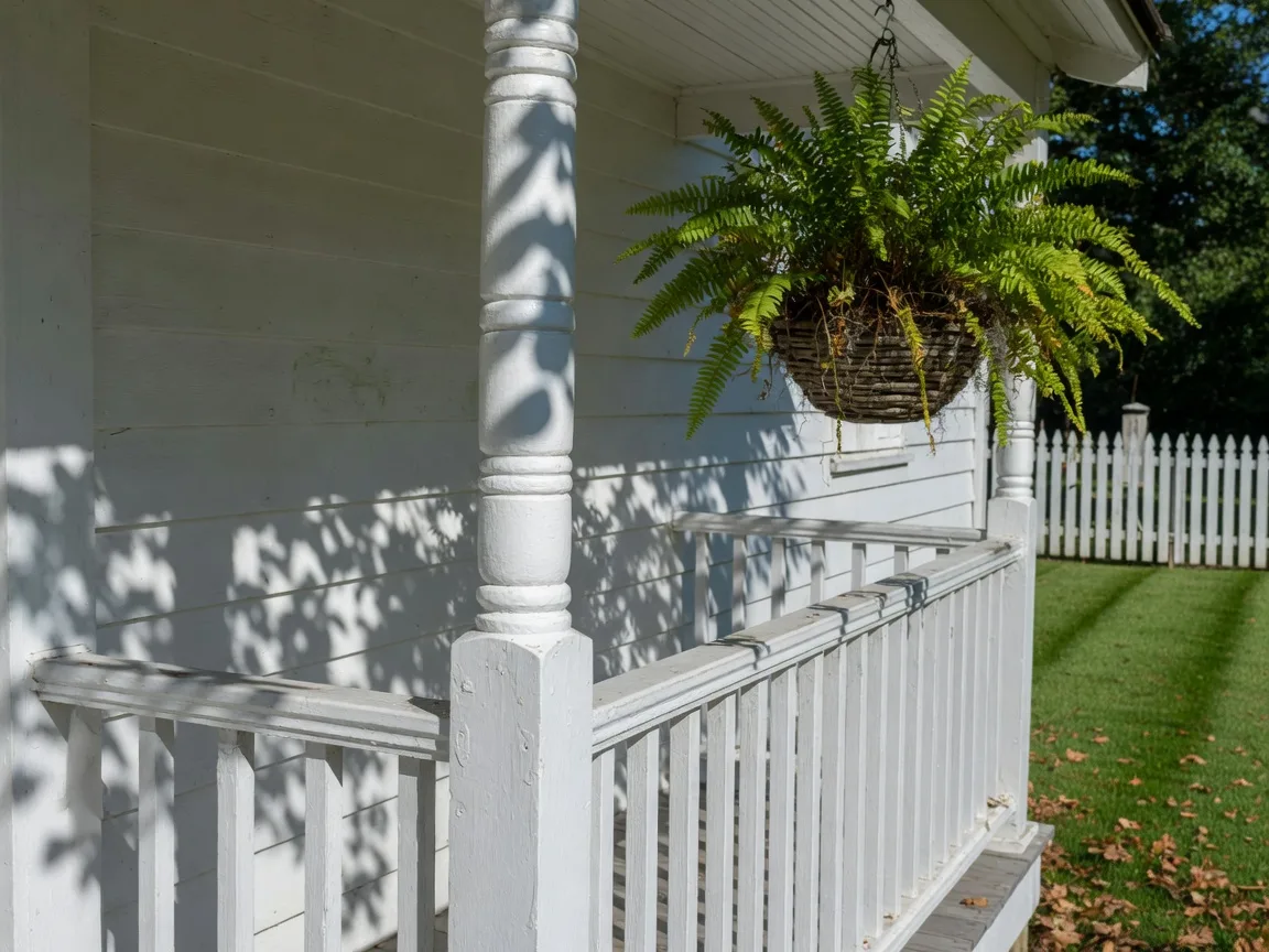 White clapboard porch with a turned wooden post and hanging fern in the Snoqualmie Valley