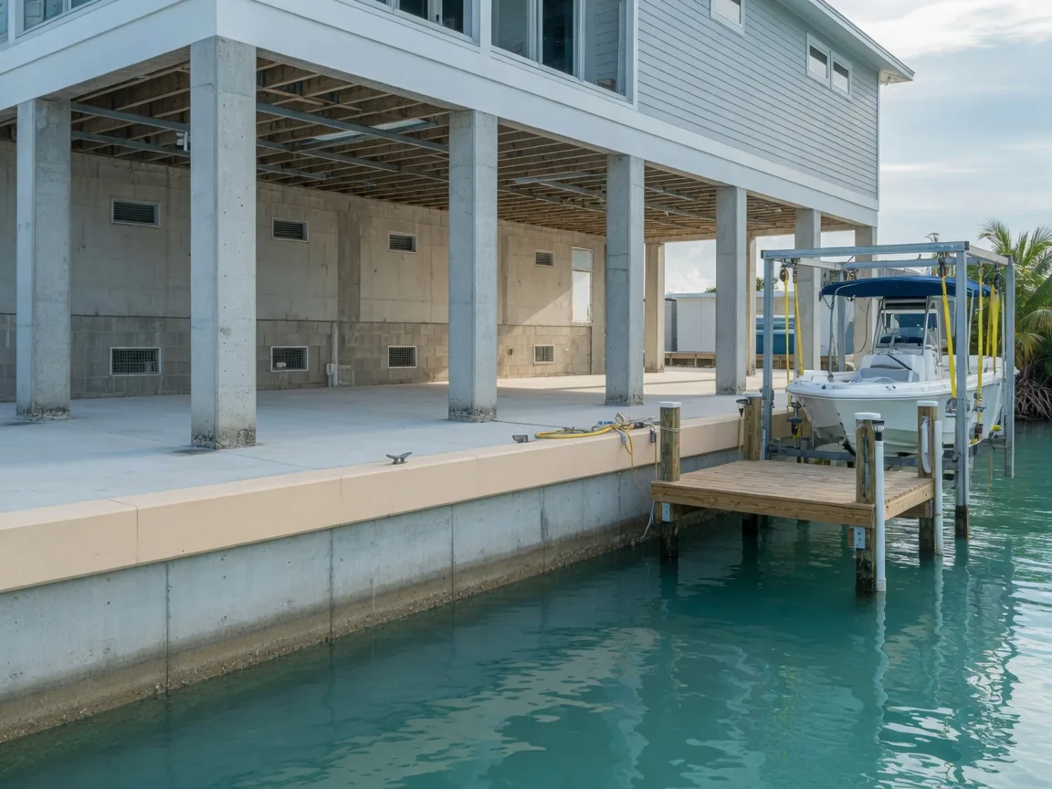 Close view of a Florida Keys canal home raised on concrete pilings, the open elevated ground floor showing flood vents and the clean concrete seawall line along calm turquoise water, a private dock and boat lift beyond