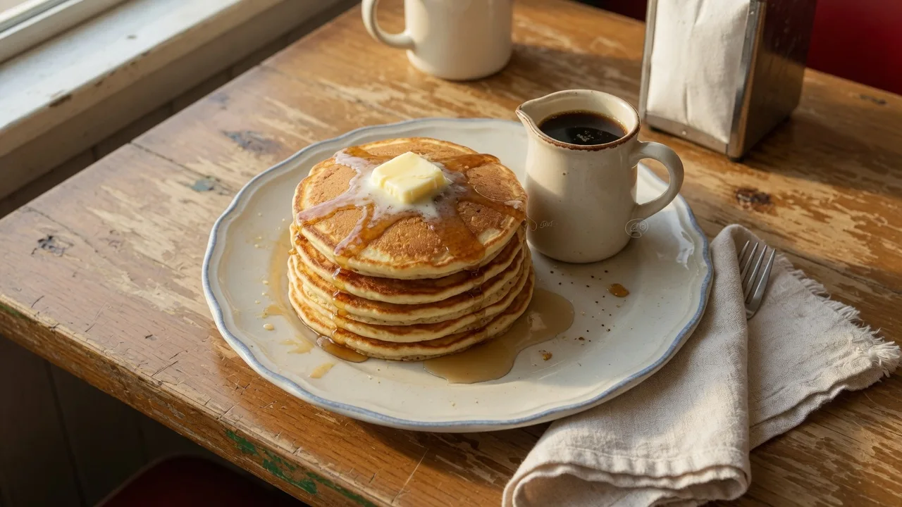 A generous breakfast platter of golden pancakes with butter on a rustic diner table in warm morning light