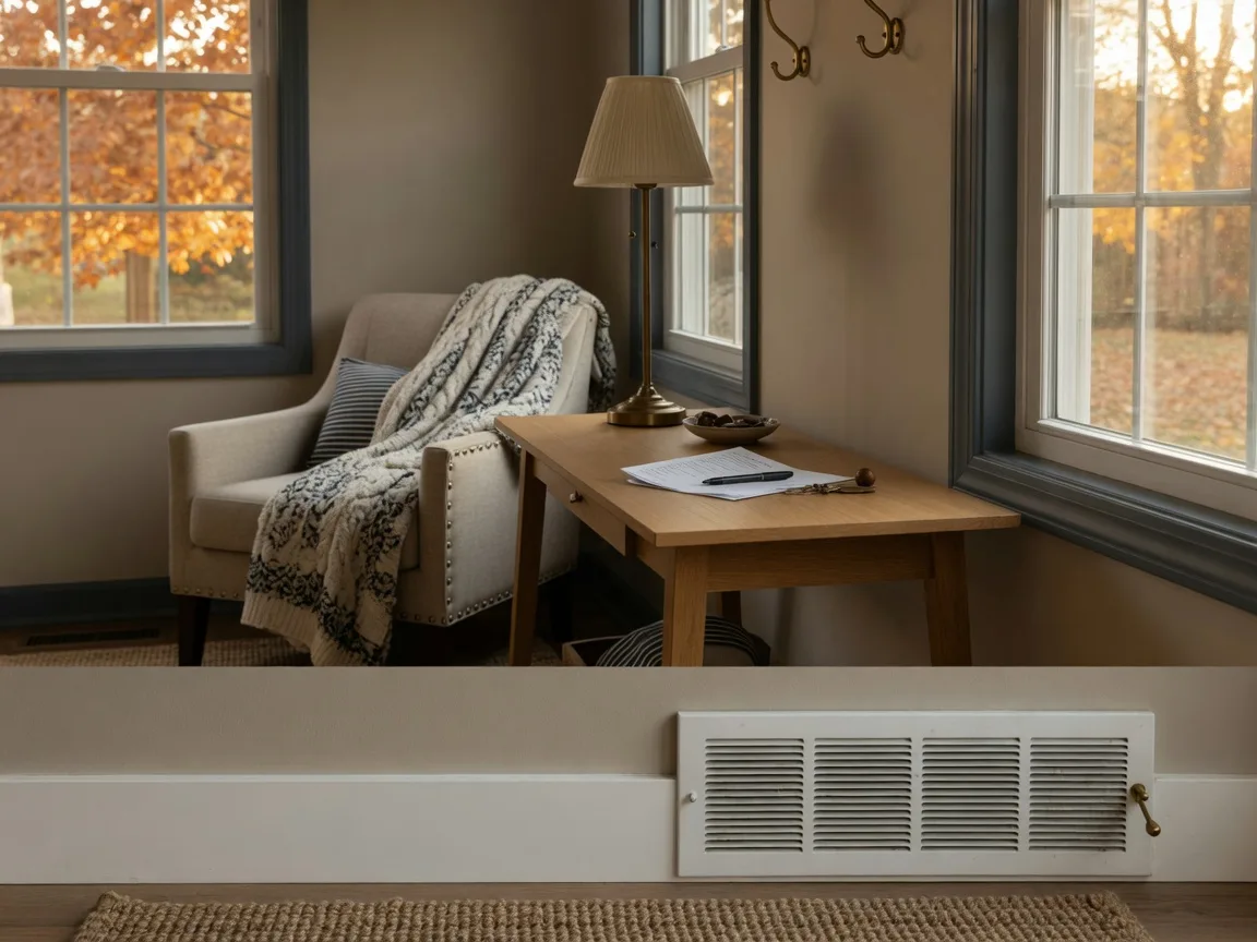 Cozy well-maintained Cherry Hill home interior on a fall morning with a heating vent and a tidy entryway
