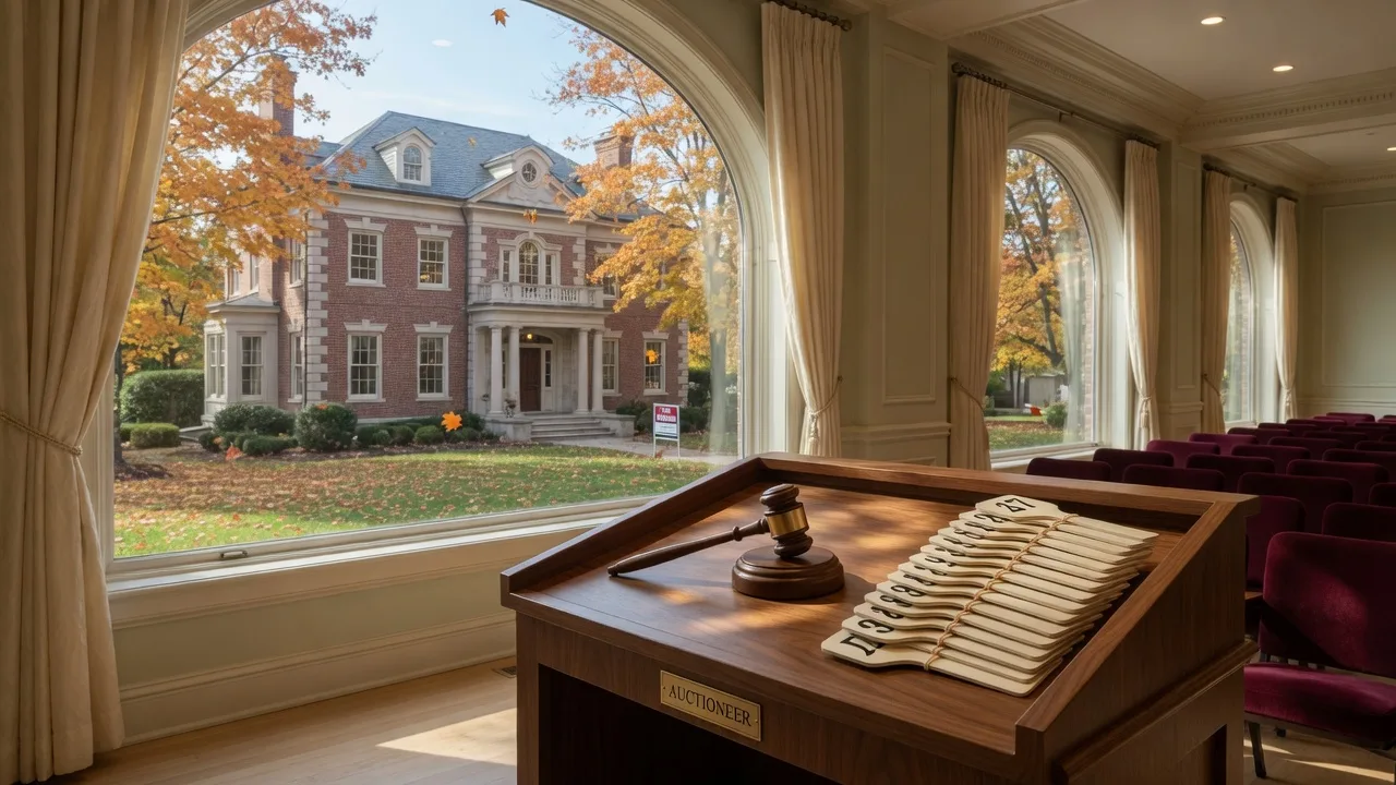 Auction podium with a gavel and numbered bidder paddles in a bright Ohio auction hall, with a stately brick and stone luxury home and golden autumn maples visible through tall windows