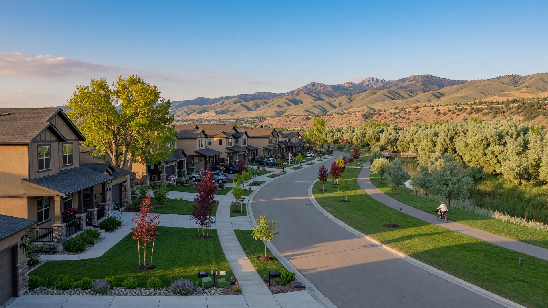 Representative scene of newer homes along a riverfront greenway