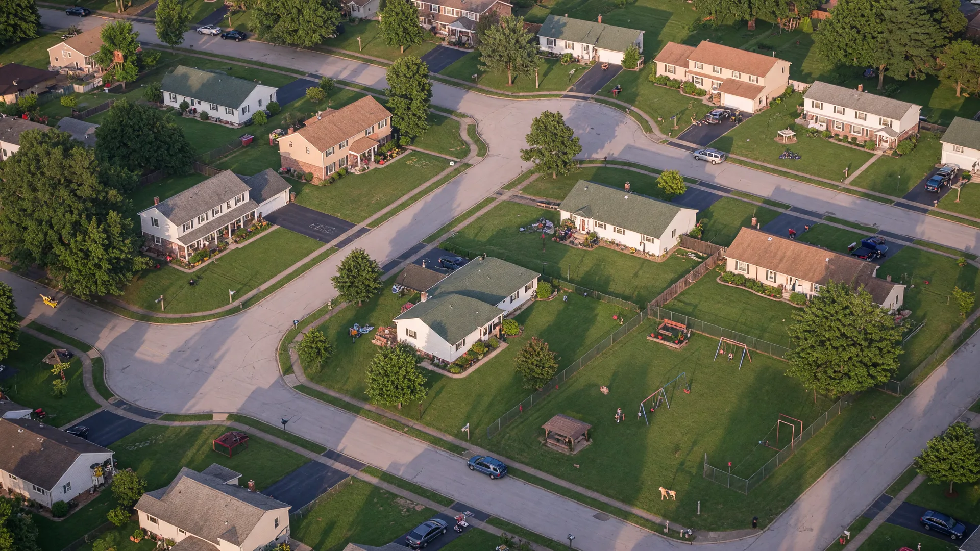 Aerial view of a family-friendly suburban neighborhood