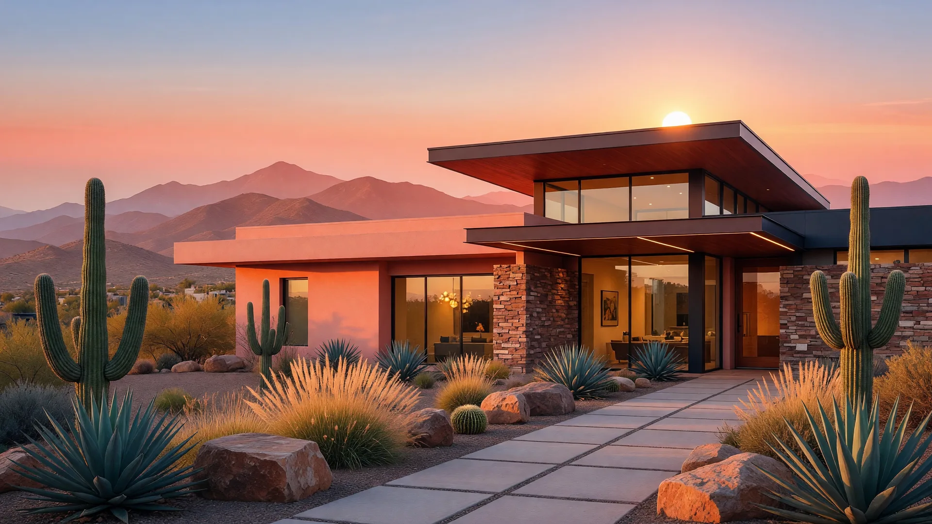 New construction home in a North Phoenix master-planned community with mountains in the distance