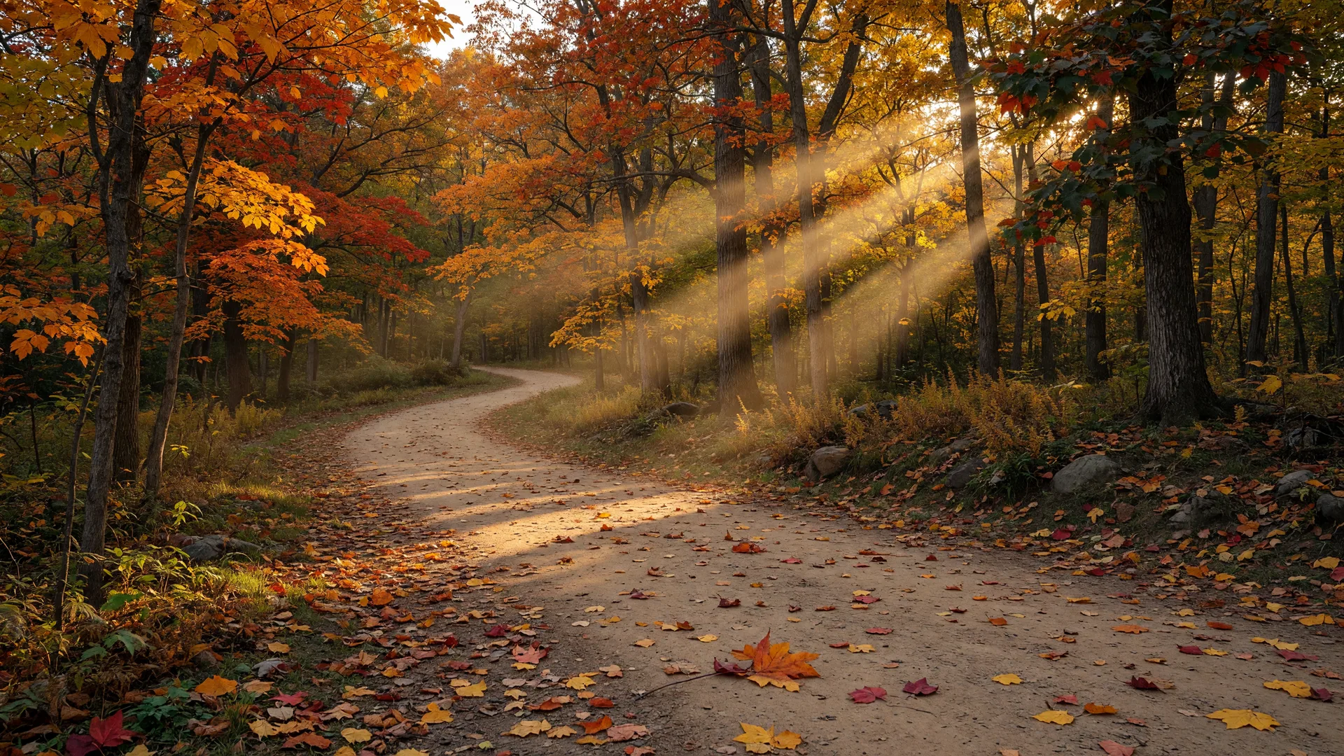 A winding woodland trail through golden autumn trees near Fort Washington State Park in Lafayette Hill