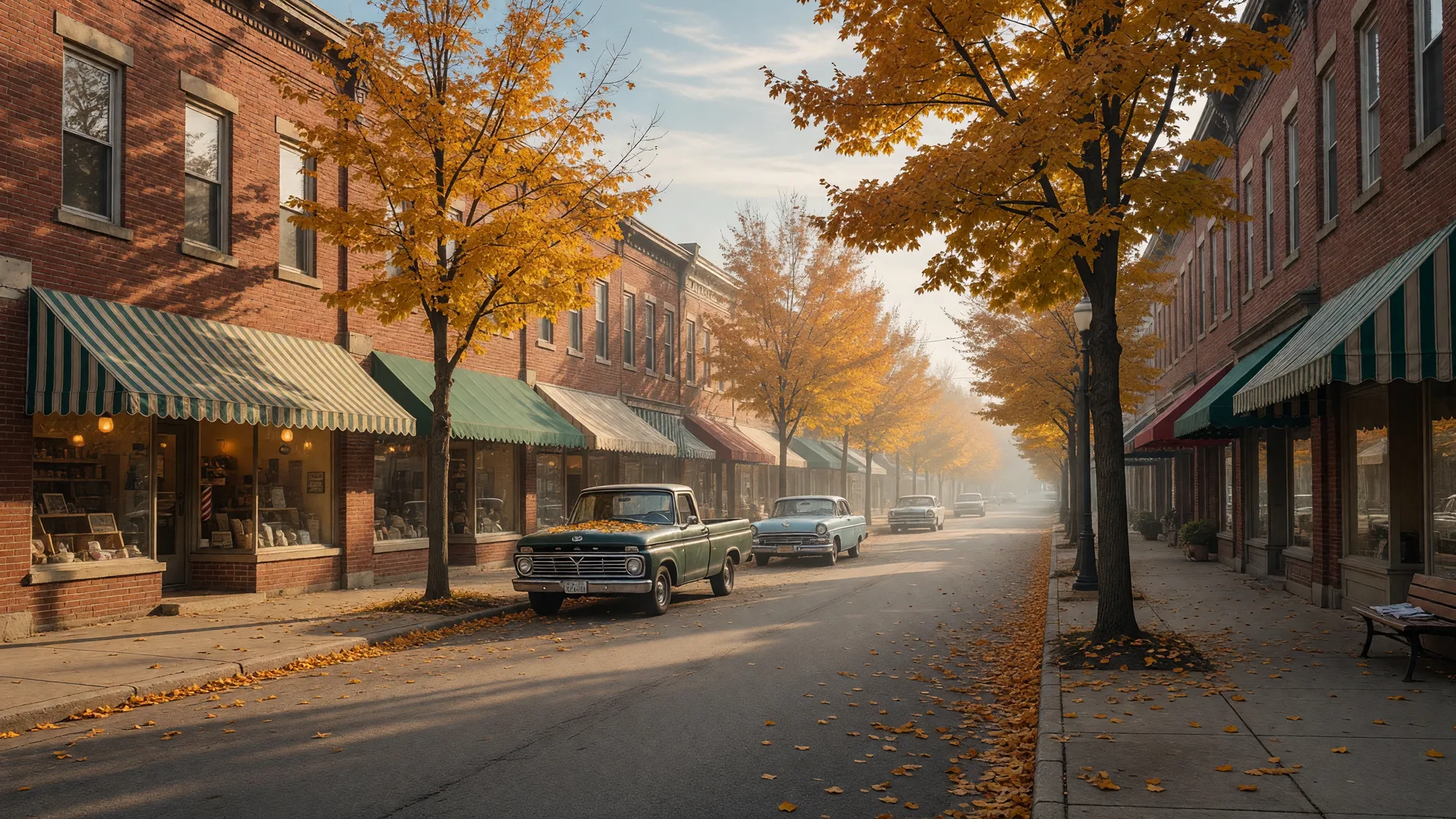 Historic brick storefronts on a small Ohio main street on a crisp autumn morning