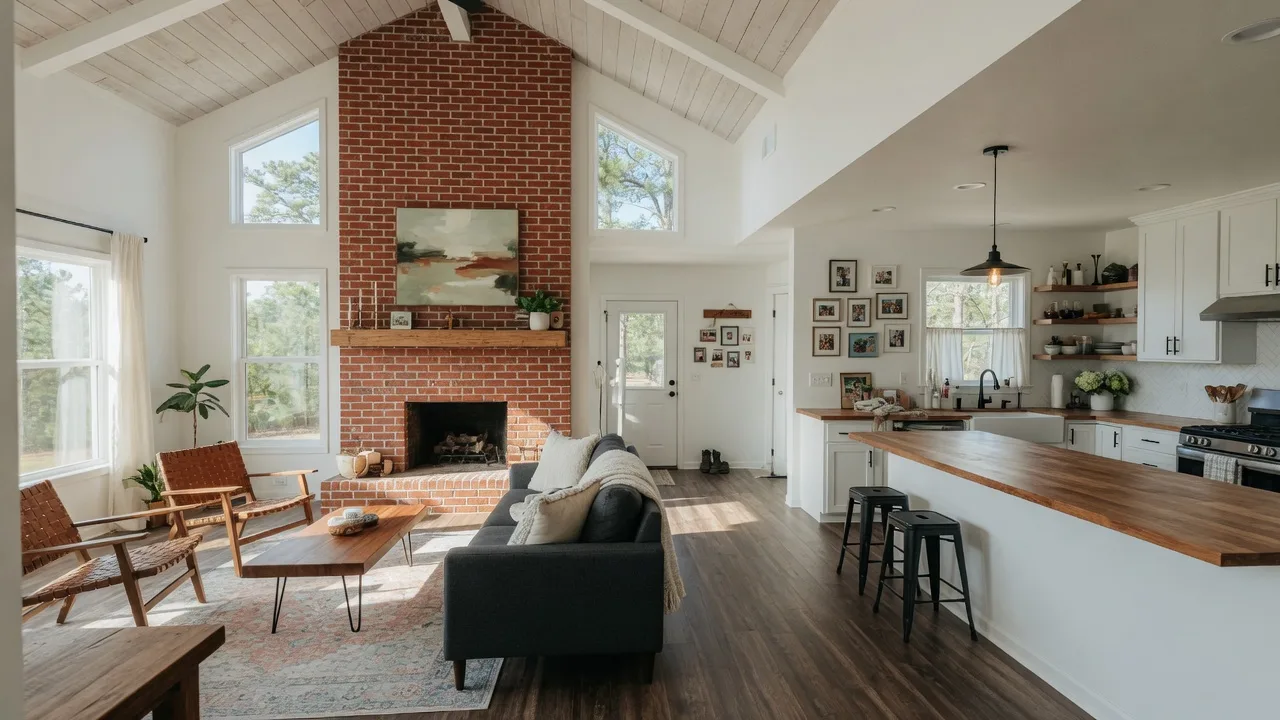 Bright open-concept living room with vaulted ceilings, brick fireplace, and modern kitchen in Omaha Texas