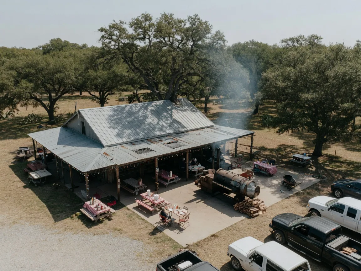 Overhead drone view of a Texas Hill Country BBQ restaurant with a corrugated metal roof, shaded picnic tables, and a smoking pit under live oak trees on a sunny afternoon