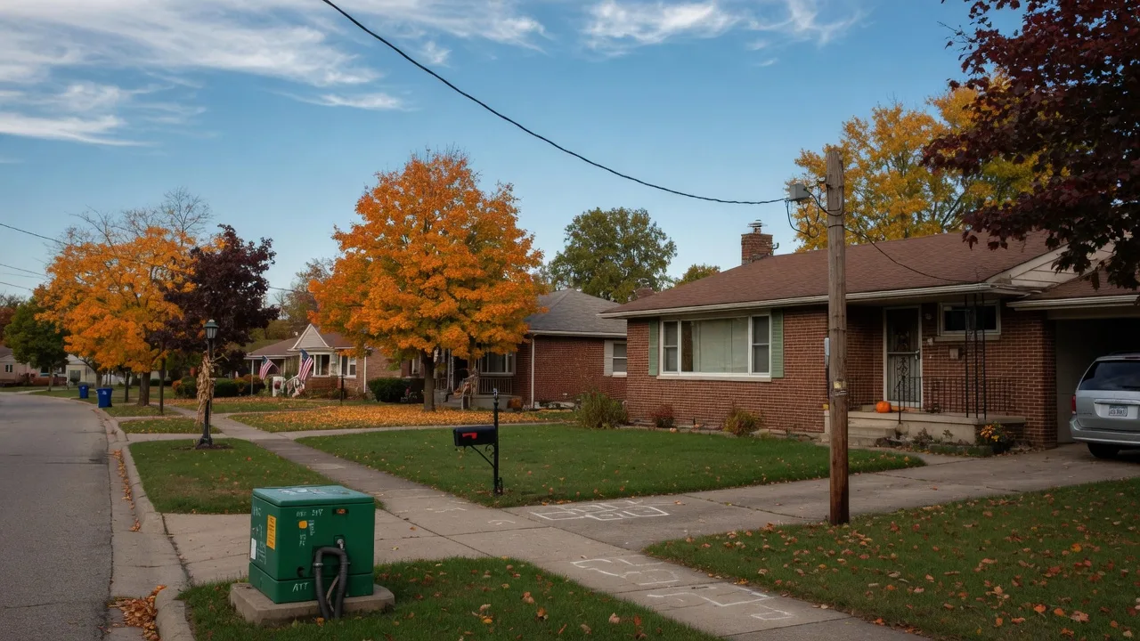 A quiet suburban street in the Dayton, Ohio area in late October, a green fiber-optic utility pedestal at the curb in front of a mid-century brick ranch home with maples turning orange and gold