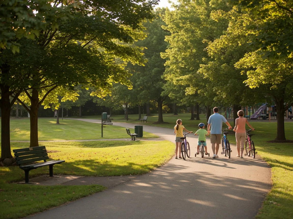 Family enjoying a sunny afternoon at a community park and trail in Olathe