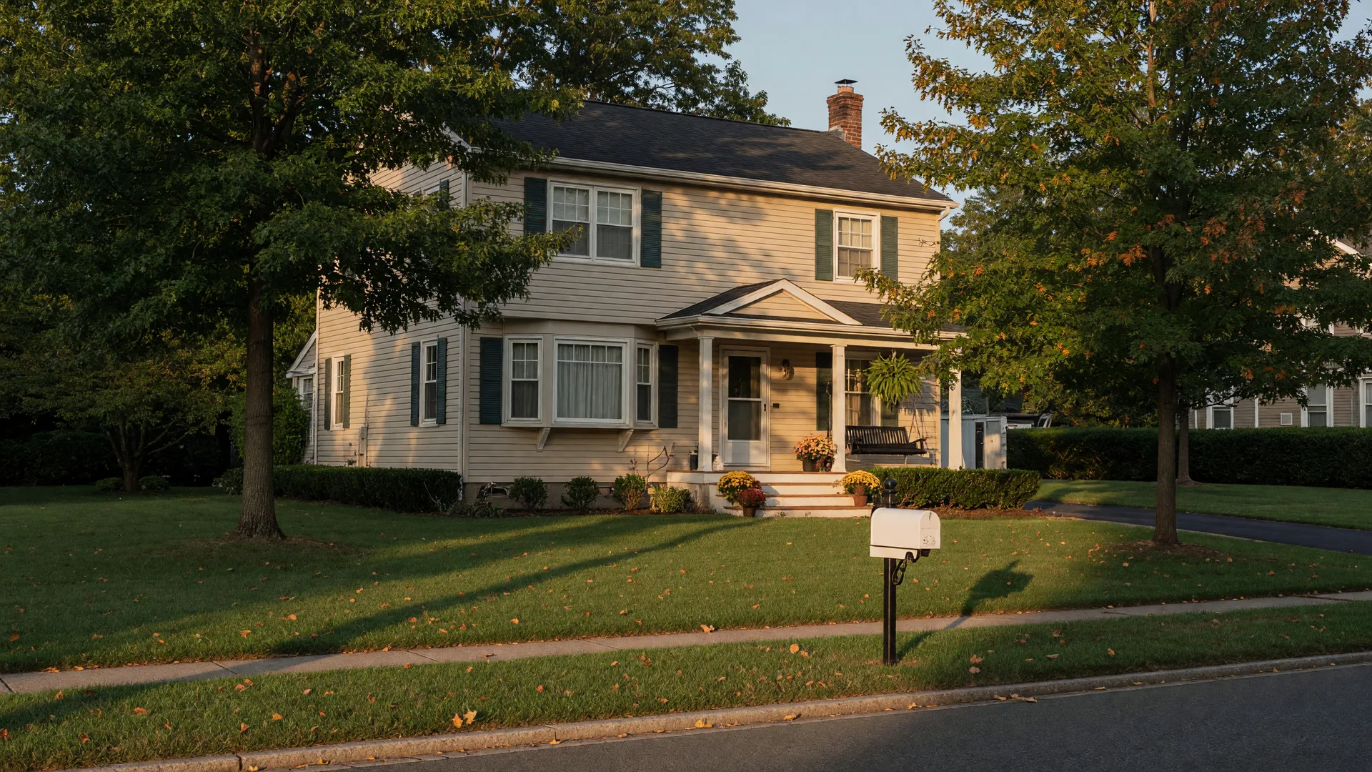 A suburban single-family home in Essex County New Jersey with a white mailbox near the curb on an early autumn afternoon