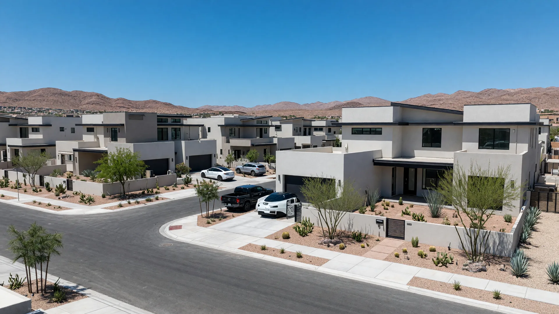 Brand-new contemporary homes in a far northwest Las Vegas community with desert landscaping and distant mountains