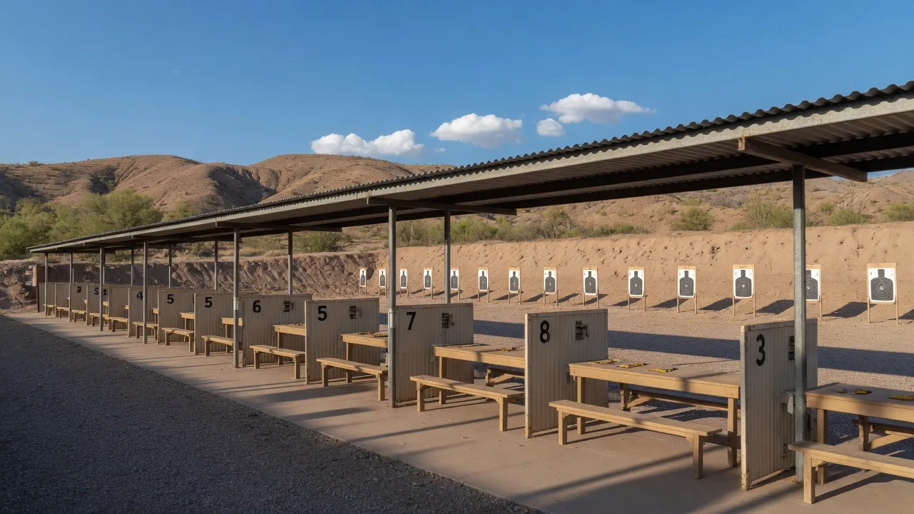 An outdoor public shooting range with covered lanes and targets in the Arizona desert