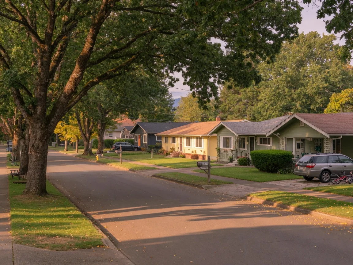 Tree-lined residential street in South Salem, Oregon, with mature landscaping and golden-hour light