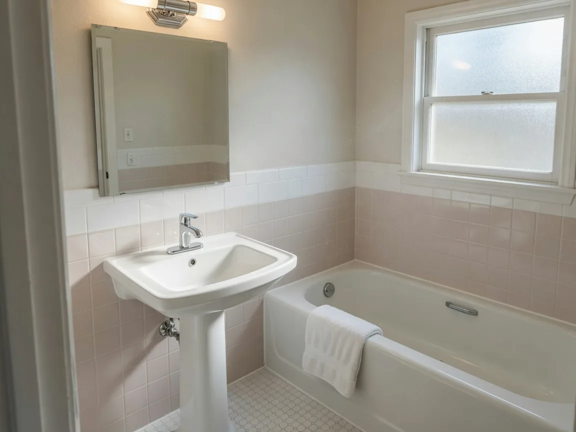 A freshly renovated small bathroom in a Merced County ranch home with a new white pedestal sink, chrome faucet, reglazed tub with clean new caulk, a new mirror and light fixture, and a folded white towel on the tub edge in soft morning light