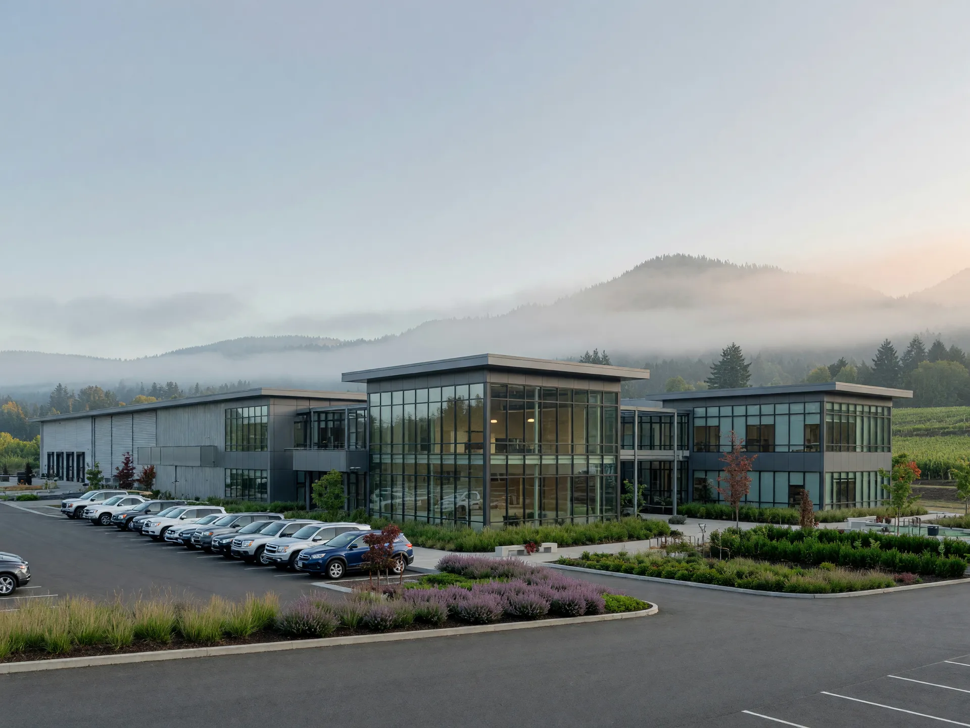 A modern glass and steel manufacturing and office campus on landscaped grounds near Newberg