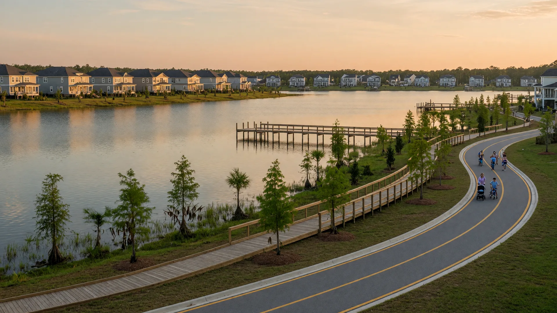 A lakefront park in Cane Bay Plantation at golden hour, with a fishing pier, boardwalk, and paved trail along the water