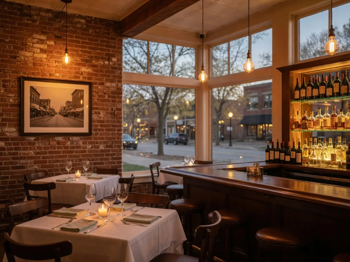 A warm, brick-walled restaurant bar in a small Michigan downtown at dusk, with pendant lights, a backlit bar, and tables set for dinner