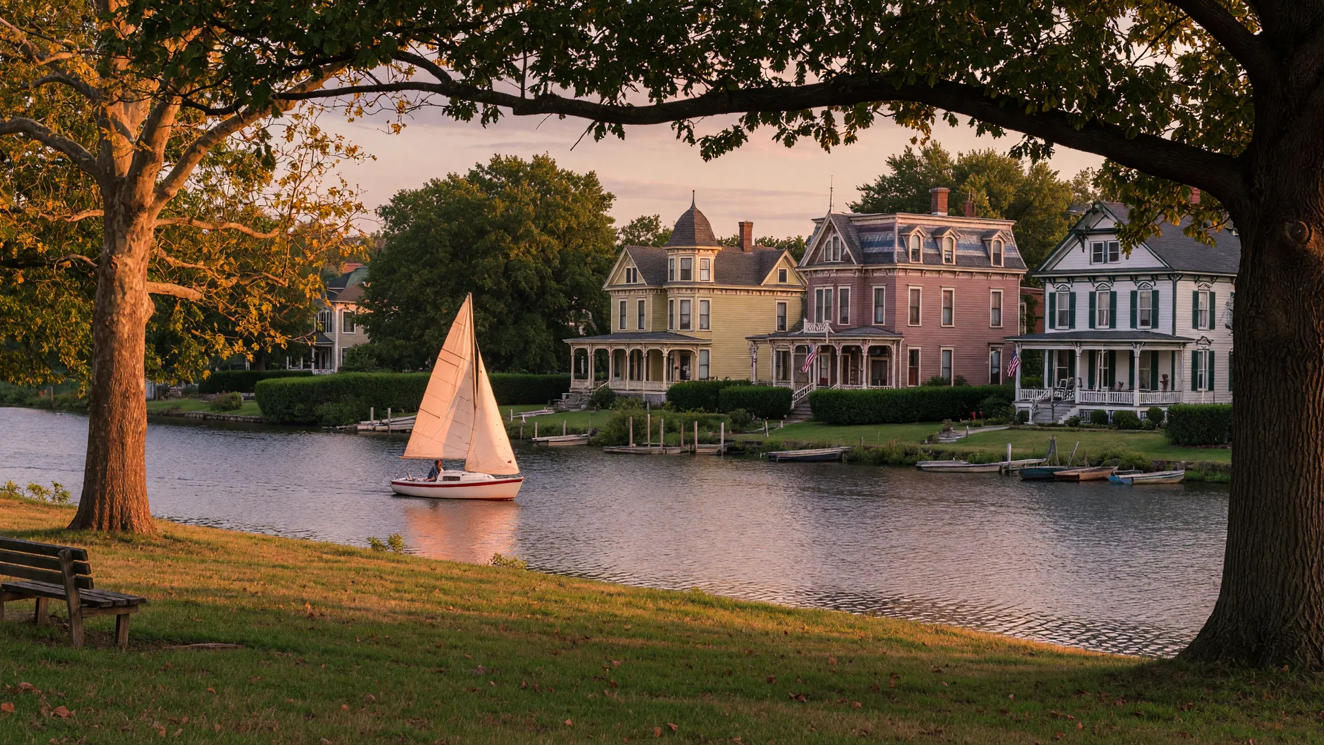 Delaware River waterfront in historic Riverton NJ with Victorian homes and a sailboat