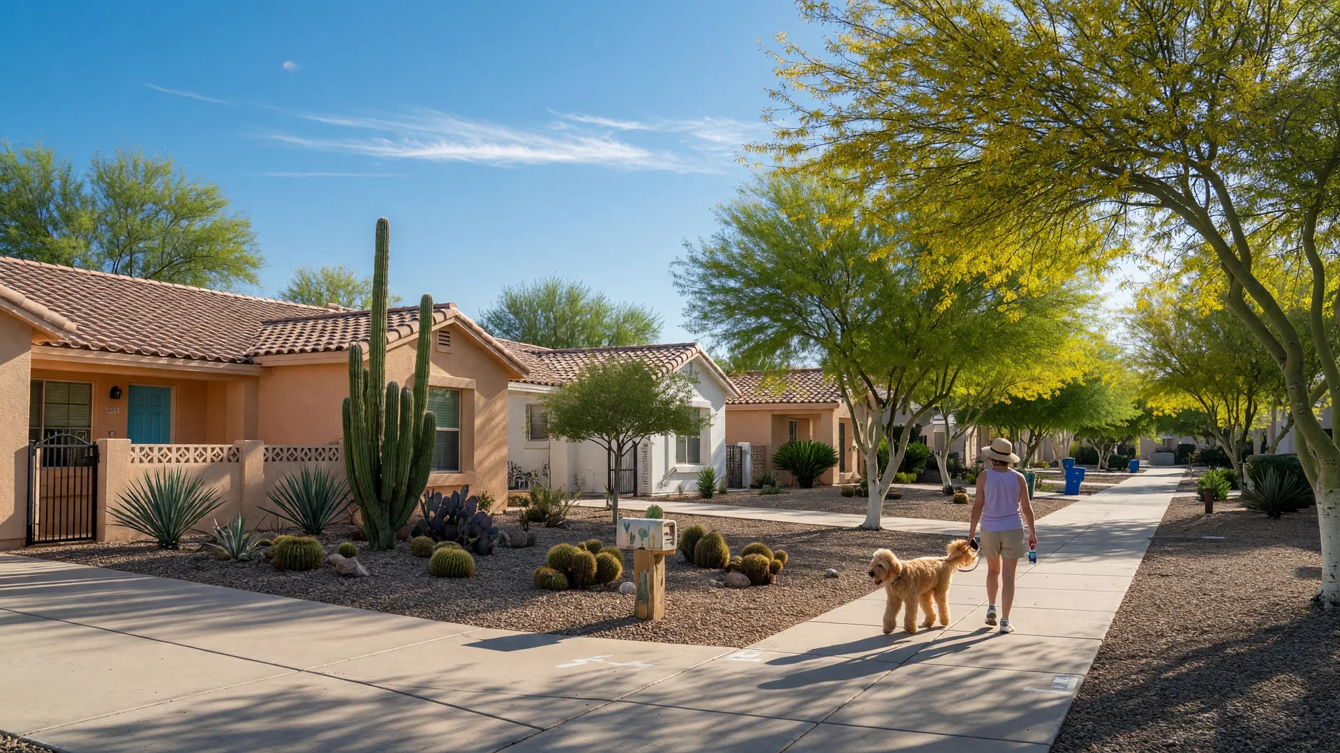 Tree-lined residential street in Gilbert, Arizona with modern Southwestern homes, desert landscaping, and a person walking a dog on a sunny late summer morning