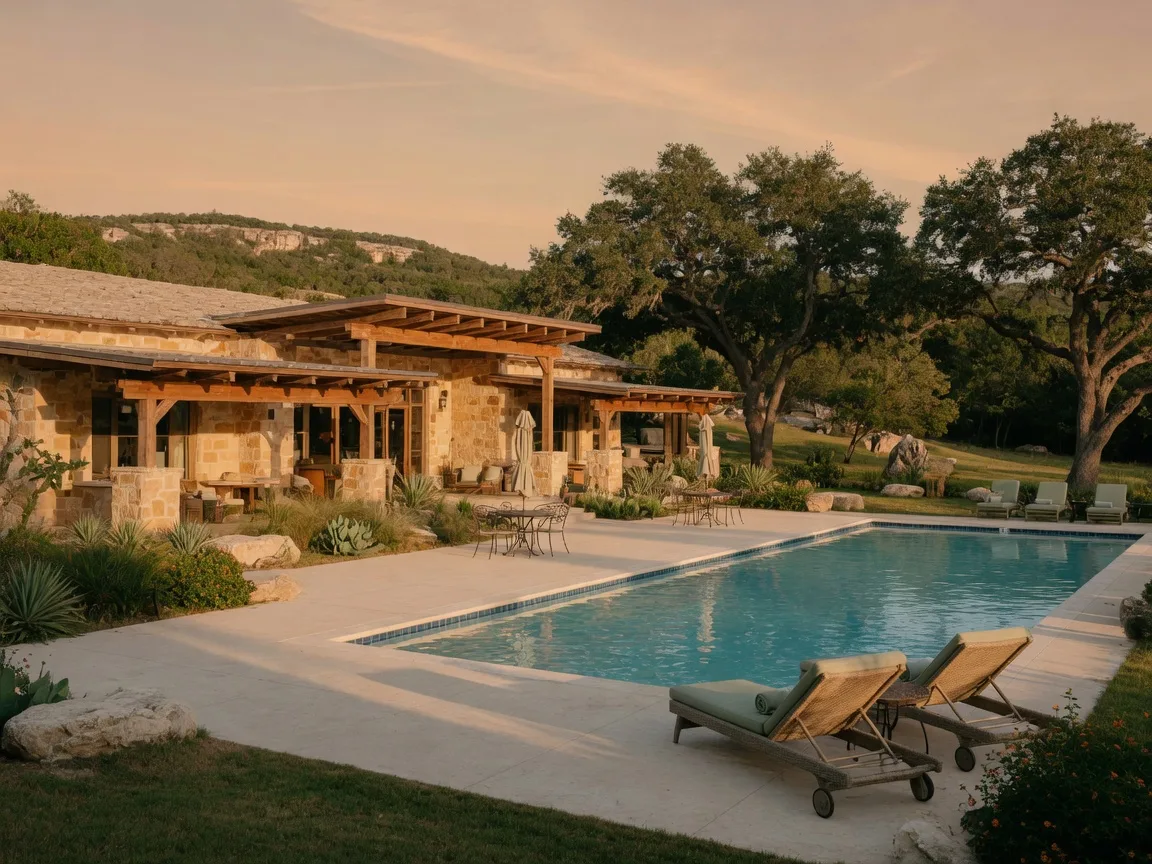 Resort-style 55-plus community clubhouse and pool in the Texas Hill Country at golden hour, limestone and timber clubhouse with wide patios and a rectangular pool, mature live oaks around